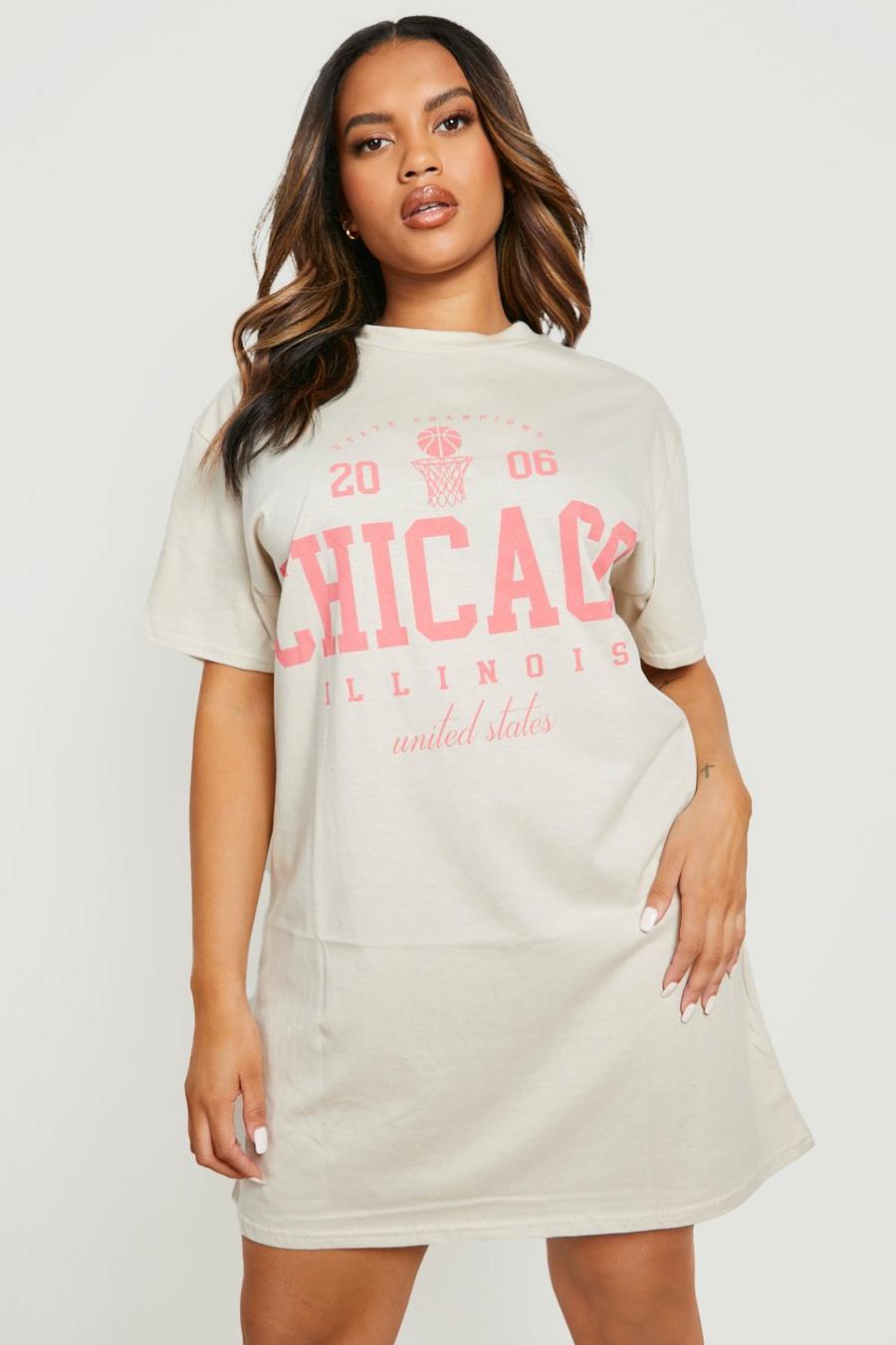 Sand beige Plus Chicago Slogan Oversized T-shirt Dress 