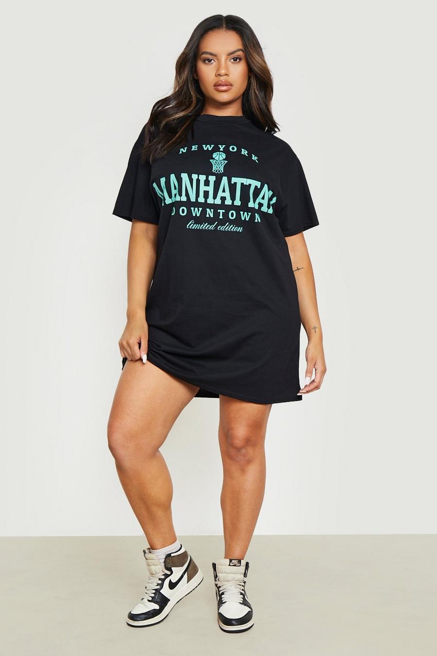 Plus Oversize T-Shirt-Kleid mit Manhattan-Slogan, Black schwarz