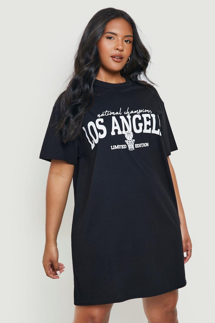 Plus Oversize T-Shirt-Kleid mit Los Angeles Print, Black noir