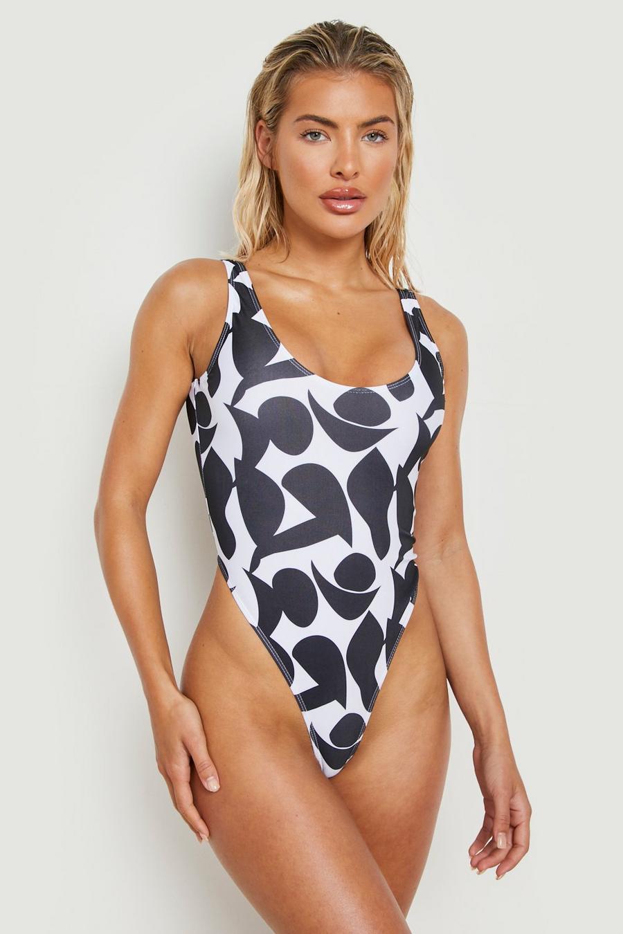 Black Mono Abstract Print Scoop Neck Swimsuit image number 1