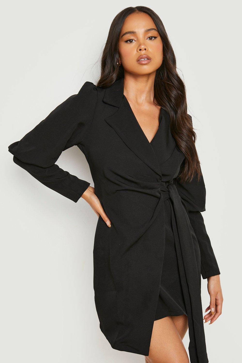 Petite Puff Sleeve Tie Side Wrap Blazer Dress boohoo