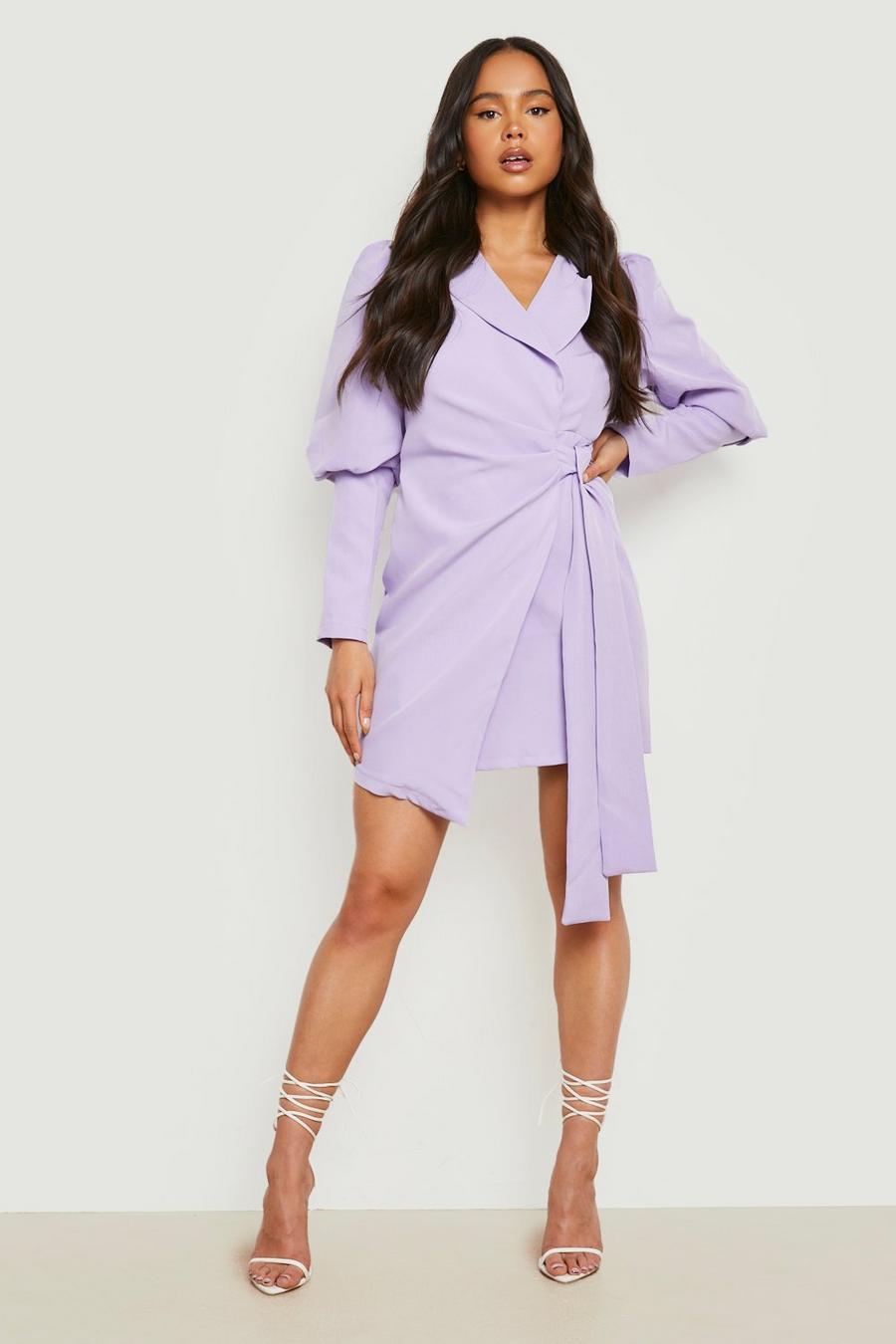 Lilac purple Petite Puff Sleeve Tie Side Wrap Blazer Dress