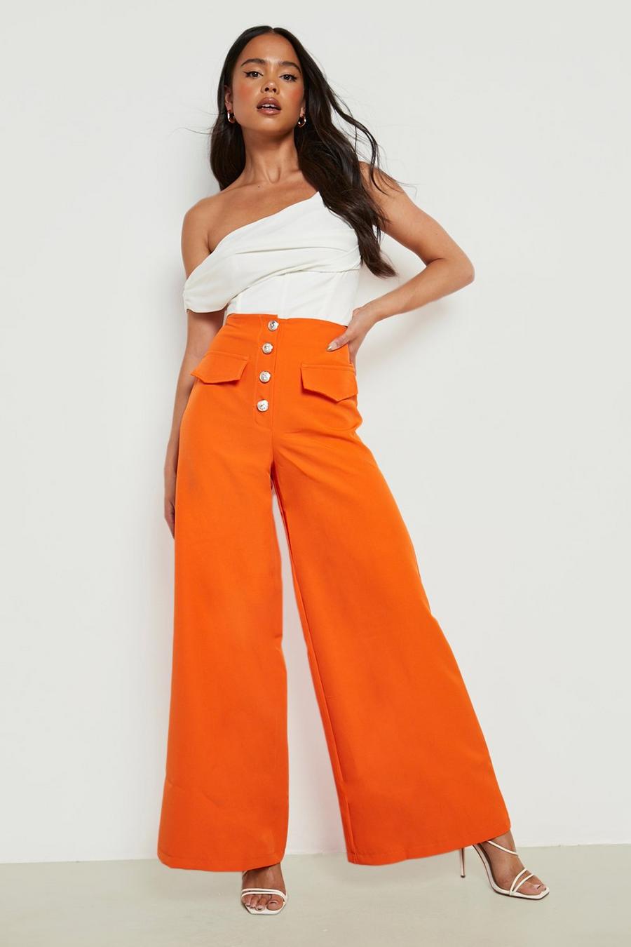 Pantalón Petite de pernera ancha con botón metálico, Orange naranja