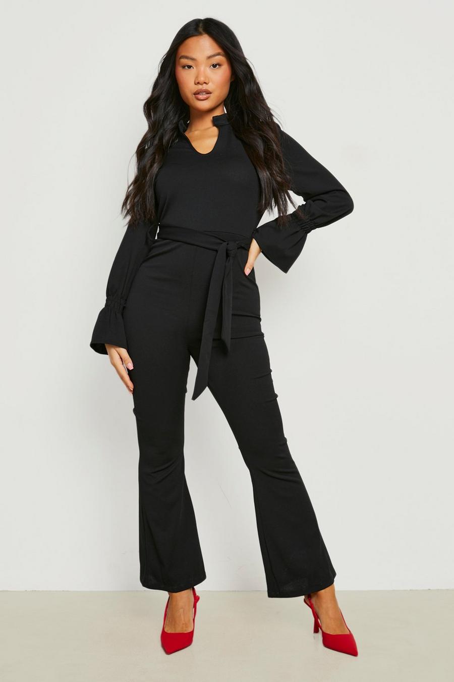 Black Petite Ruffle Cuff Belted Jumpsuit image number 1