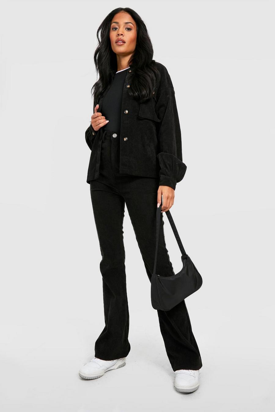 שחור מכנסי קורדרוי מתרחבים עם מותניים גבוהים, לנשים גבוהות