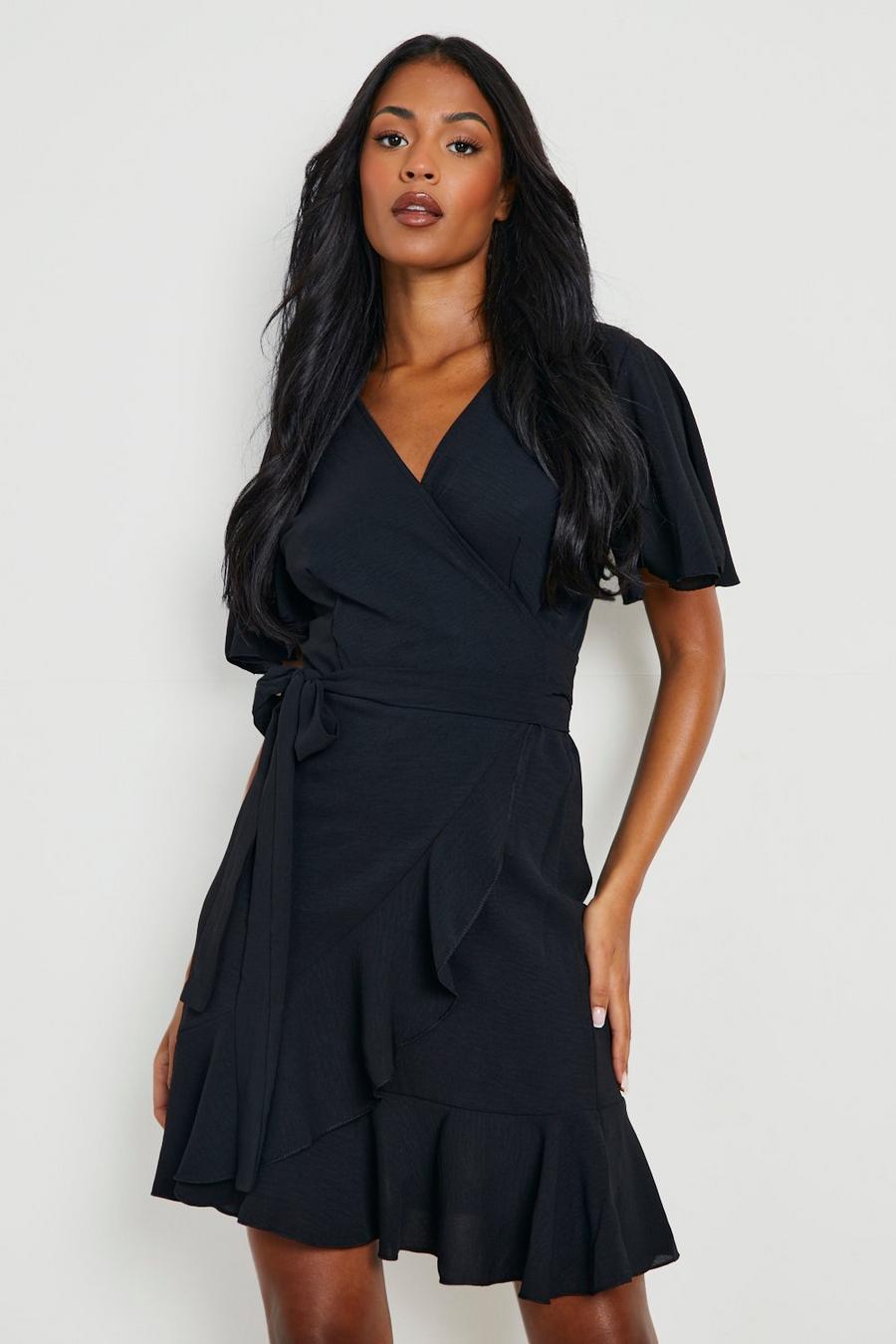 Black Tall Angel Sleeve Wrap Ruffle Mini Dress image number 1
