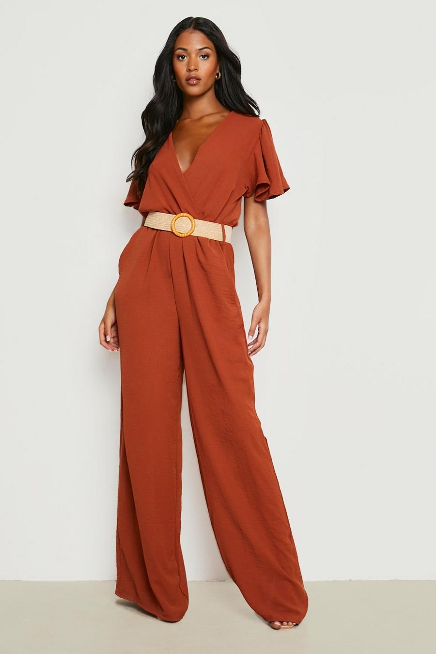Rust Tall Belted Angel Sleeve Jumpsuit image number 1