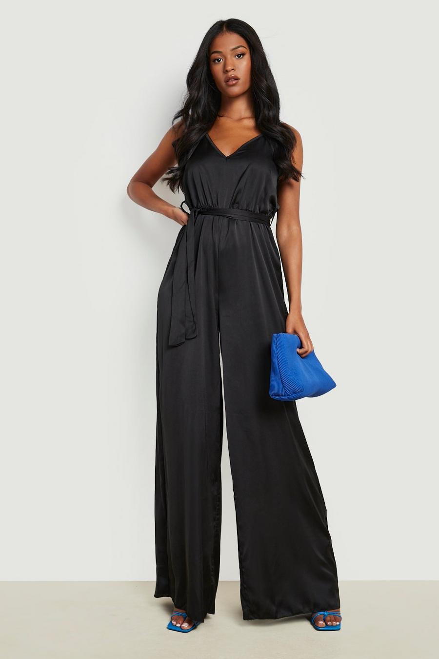 Black Tall Extreme Wide Leg Satin Strappy Jumpsuit image number 1