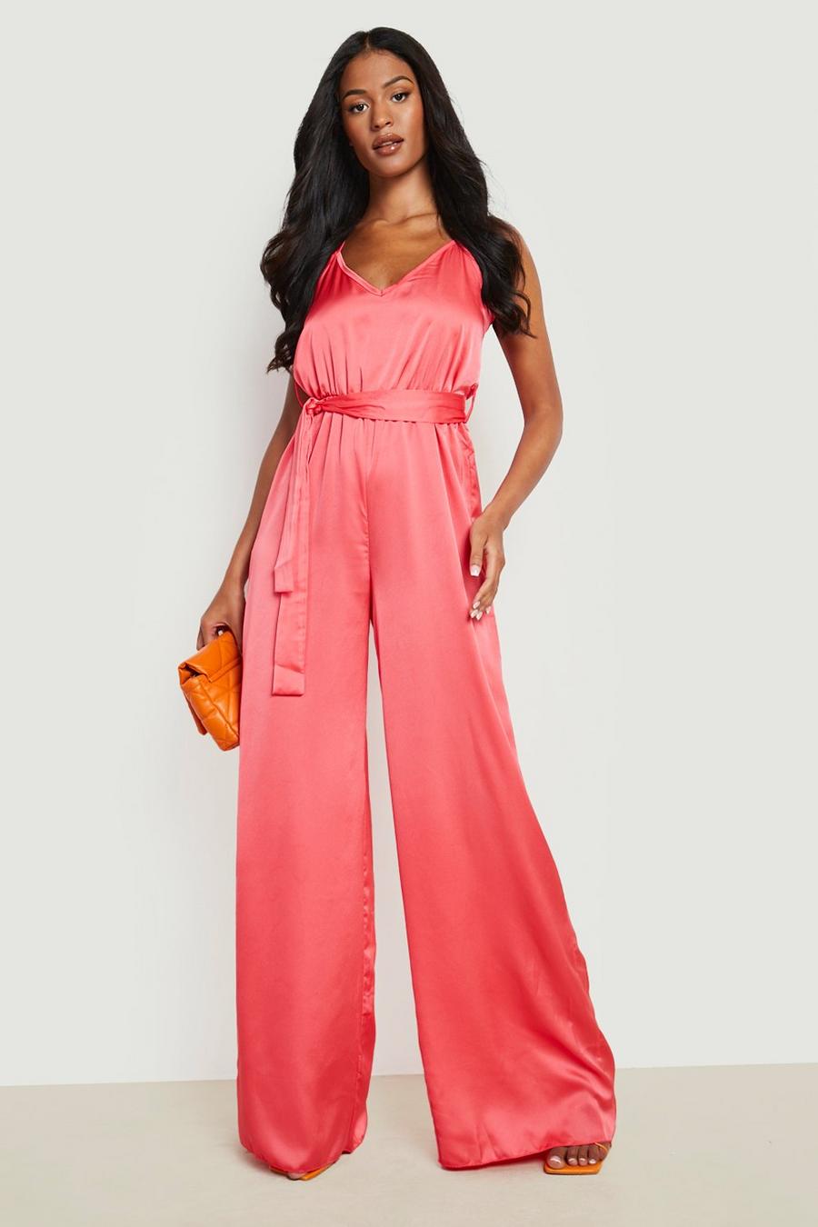 Coral Tall Extreme Wide Leg Satin Strappy Jumpsuit image number 1