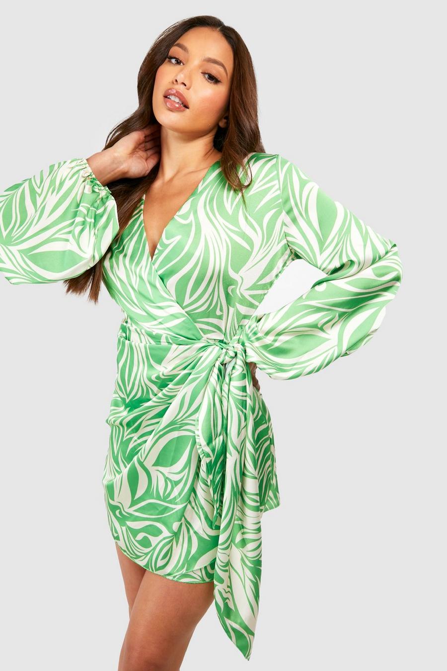 Green Tall Ruched Tie Side Abstract Print Mini Dress image number 1