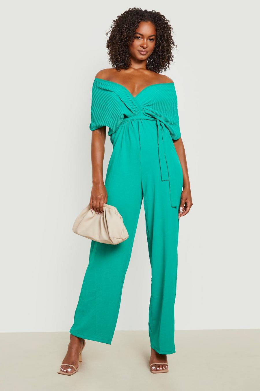 Green Tall Plisse Off The Shoulder Wrap Jumpsuit