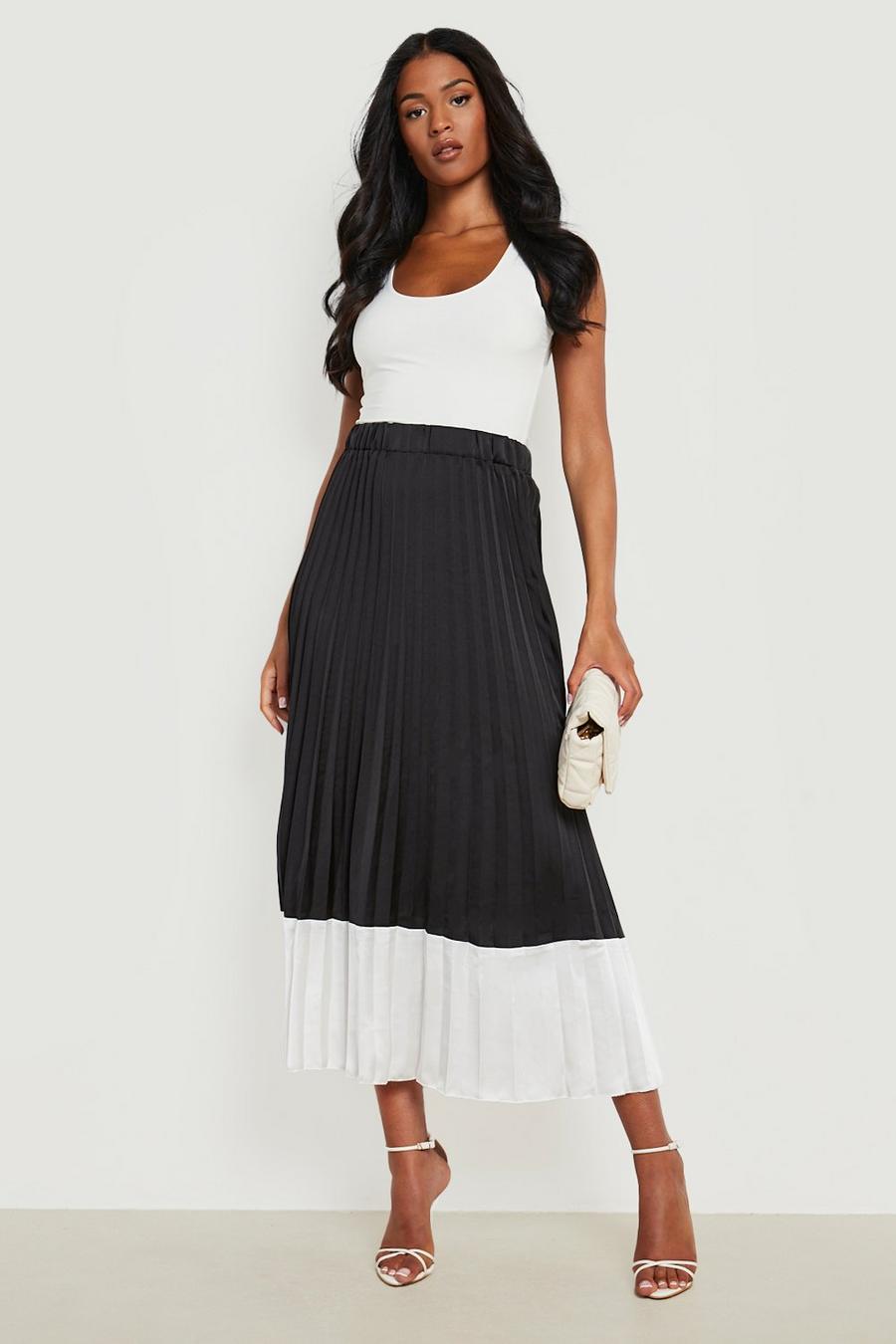 Black Tall Pleated Contrast Satin Midi Skirt image number 1