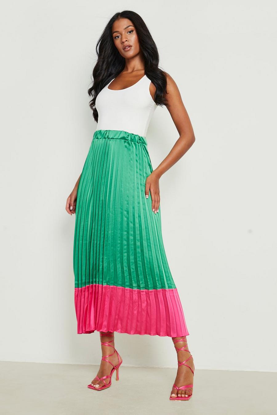 Green Tall Pleated Contrast Satin Midi Skirt image number 1