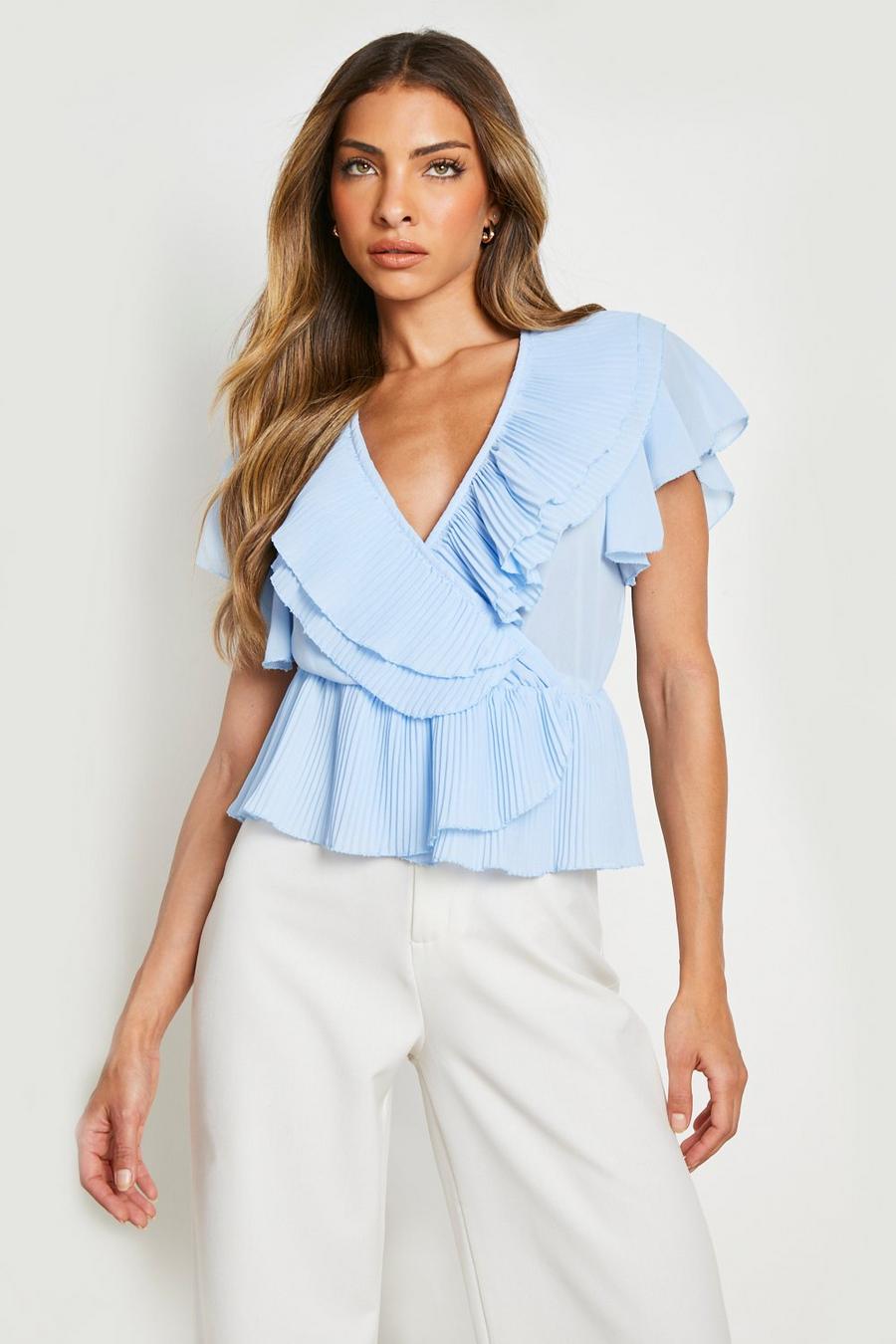 Baby blue Ruffle Pleated Wrap Peplum Top image number 1