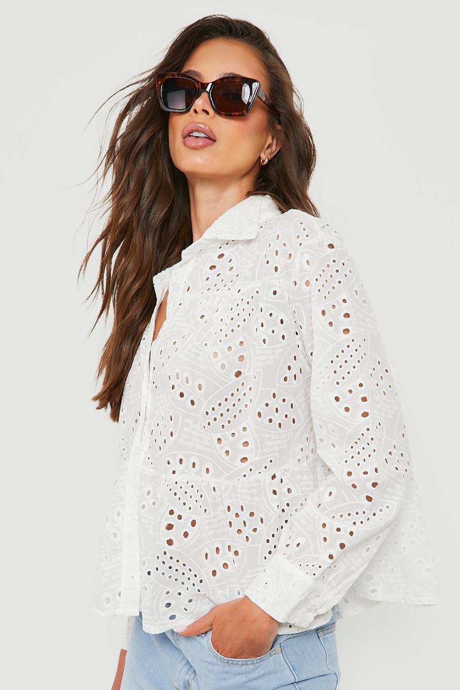 White Oversized Tiered Broderie Smock Shirt  image number 1