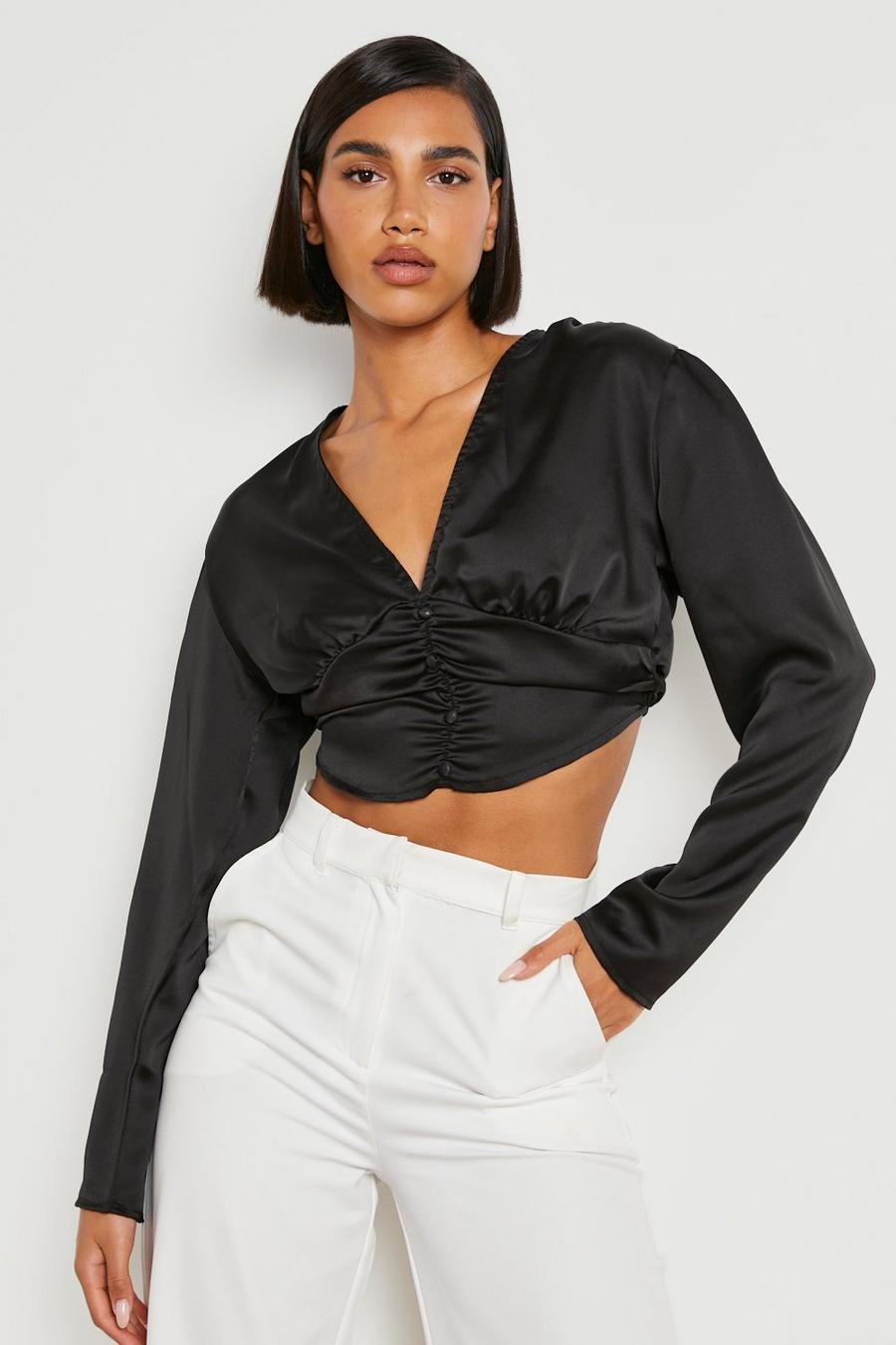 Black Satin Button Front Ruched Top image number 1