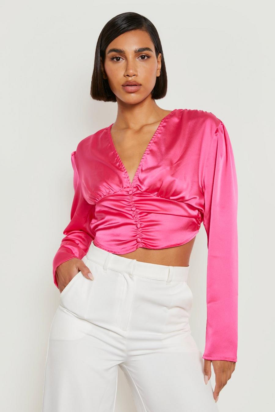 Hot pink Satin Button Front Ruched Top image number 1