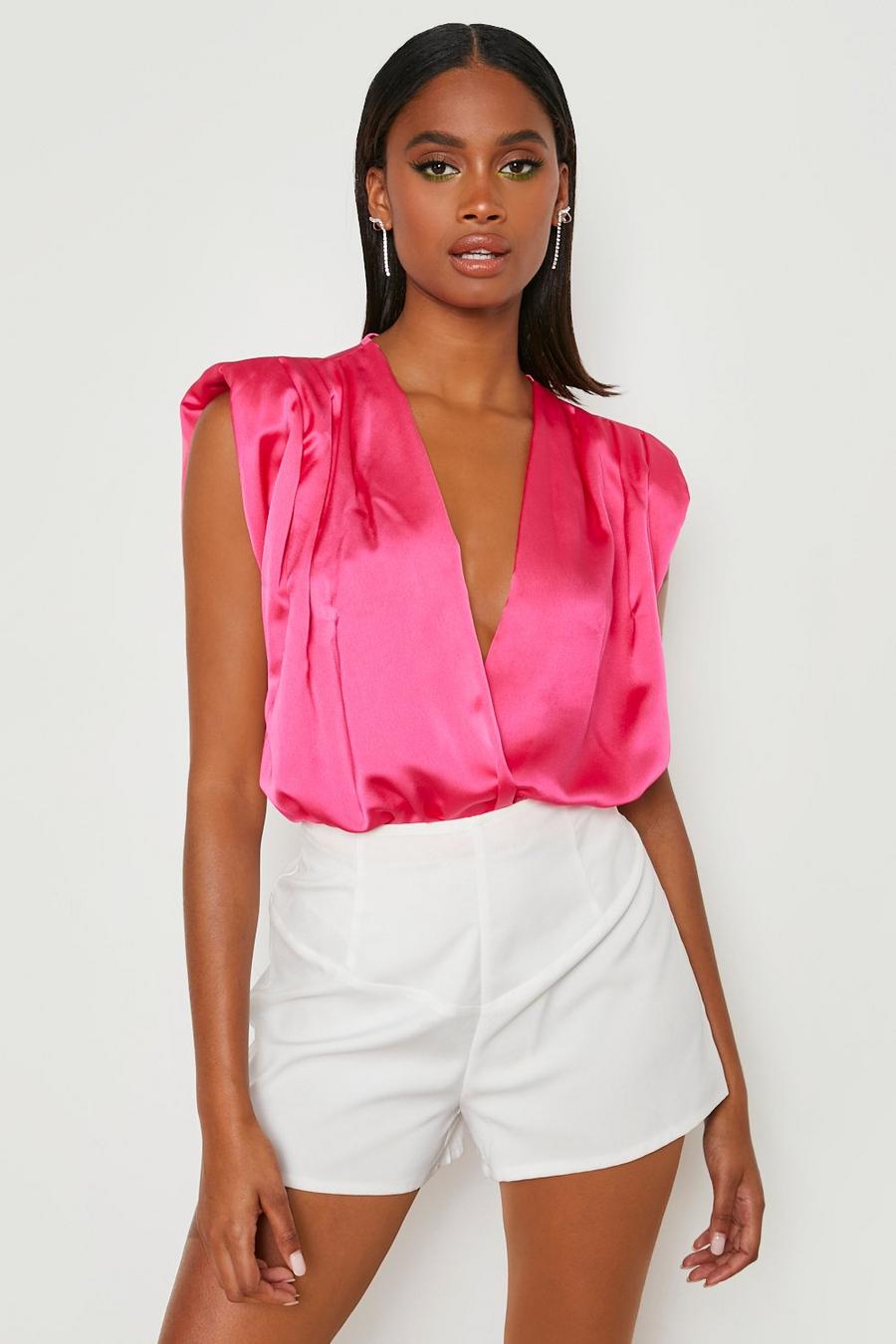 Pink Ruched Shoulder Sleeveless Bodysuit image number 1