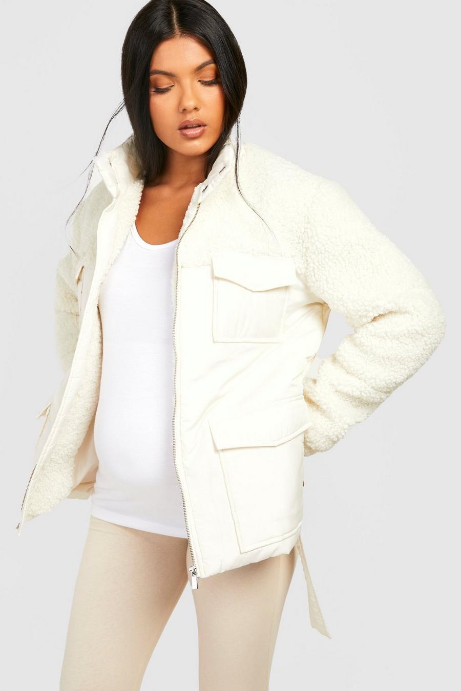 Ecru white Maternity Teddy Fur Mix Belted Jacket
