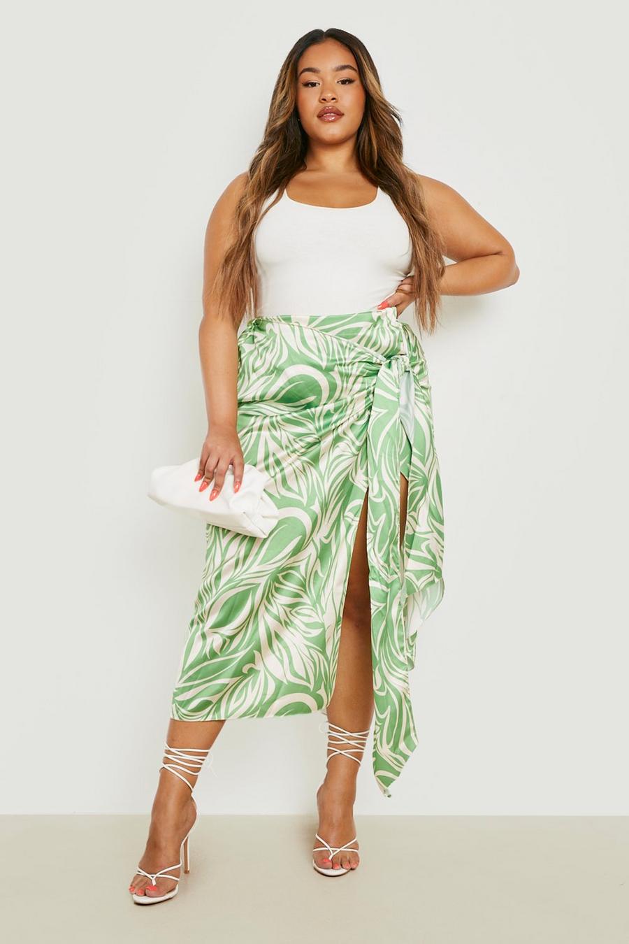 Green Plus Satin Zebra Print Wrap Midi Skirt image number 1
