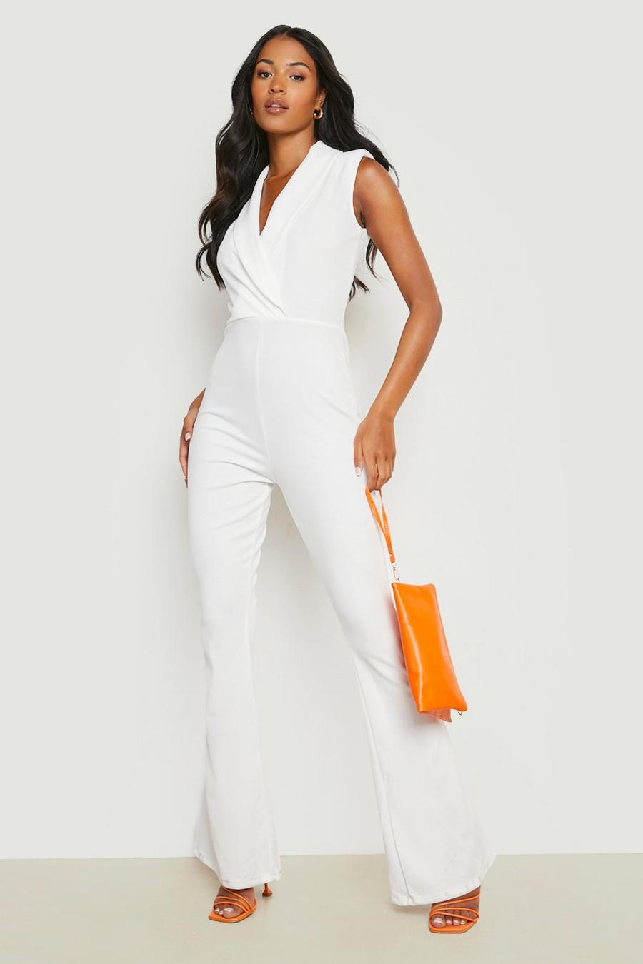 White Tall Shoulder Pad Collard Flare Jumpsuit