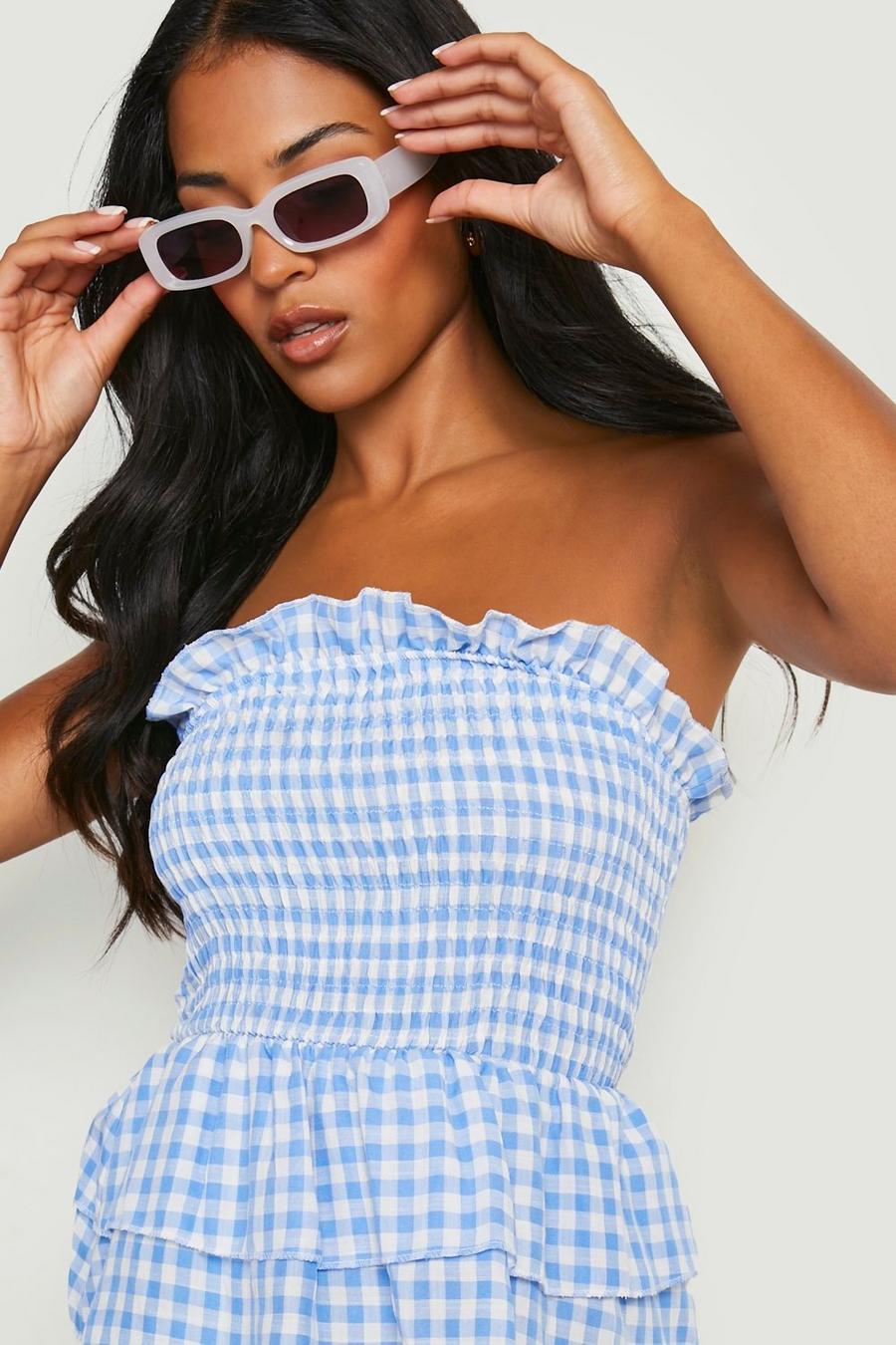 Blue Tall Gingham Shirred Frill Hem Tube Top image number 1