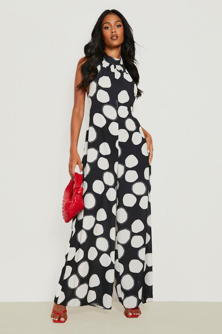 Black Tall Polka Dot Halter Neck Wide Leg Jumpsuit image number 1