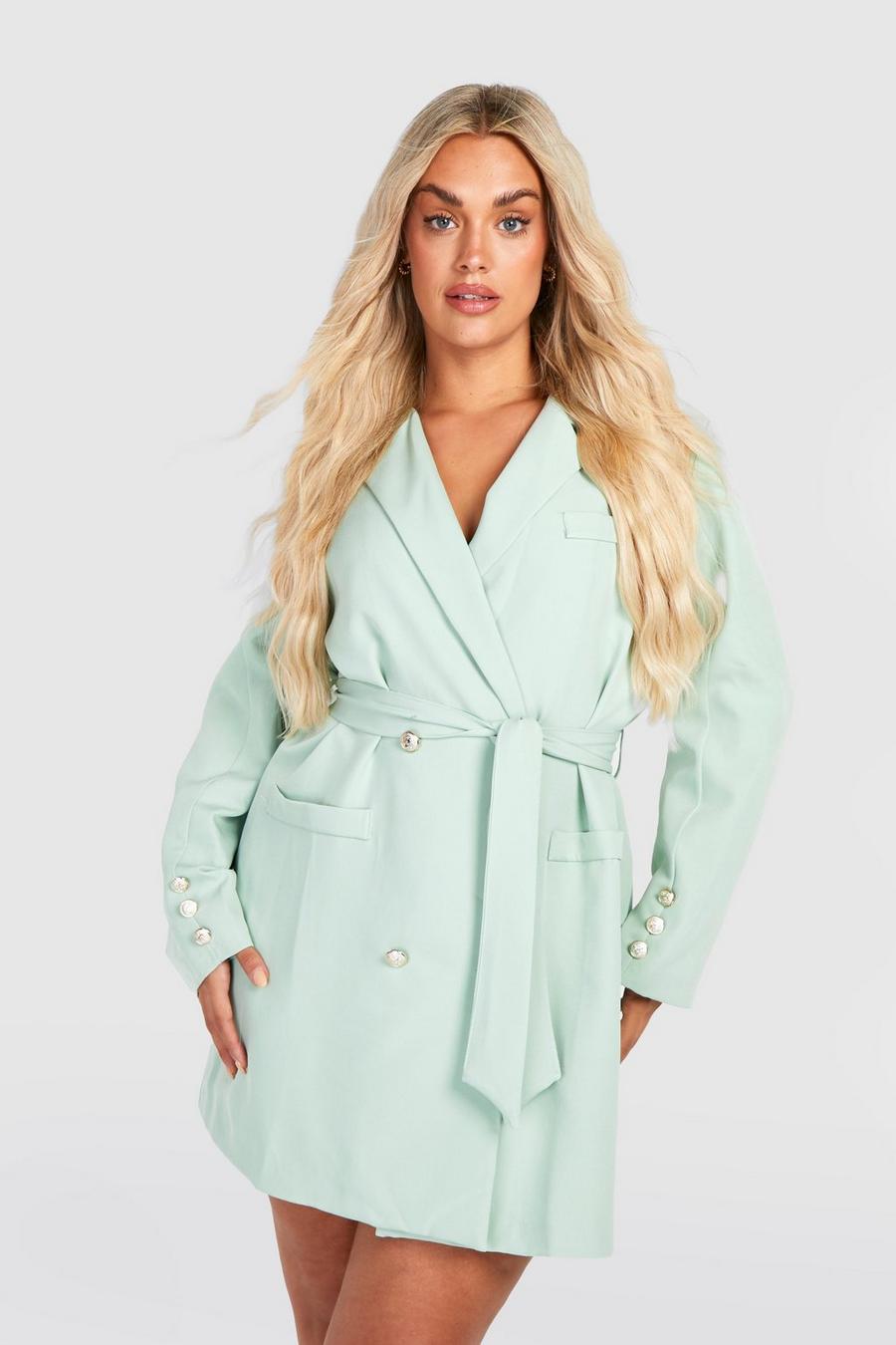 Sage green Plus Double Breasted Belted Blazer Dress