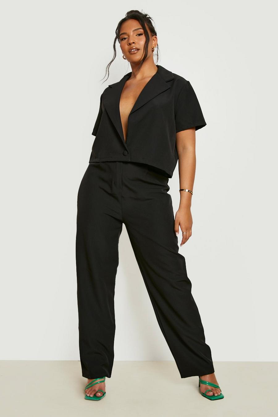Black Plus Woven Cropped Blazer & Pants Co-Ord image number 1