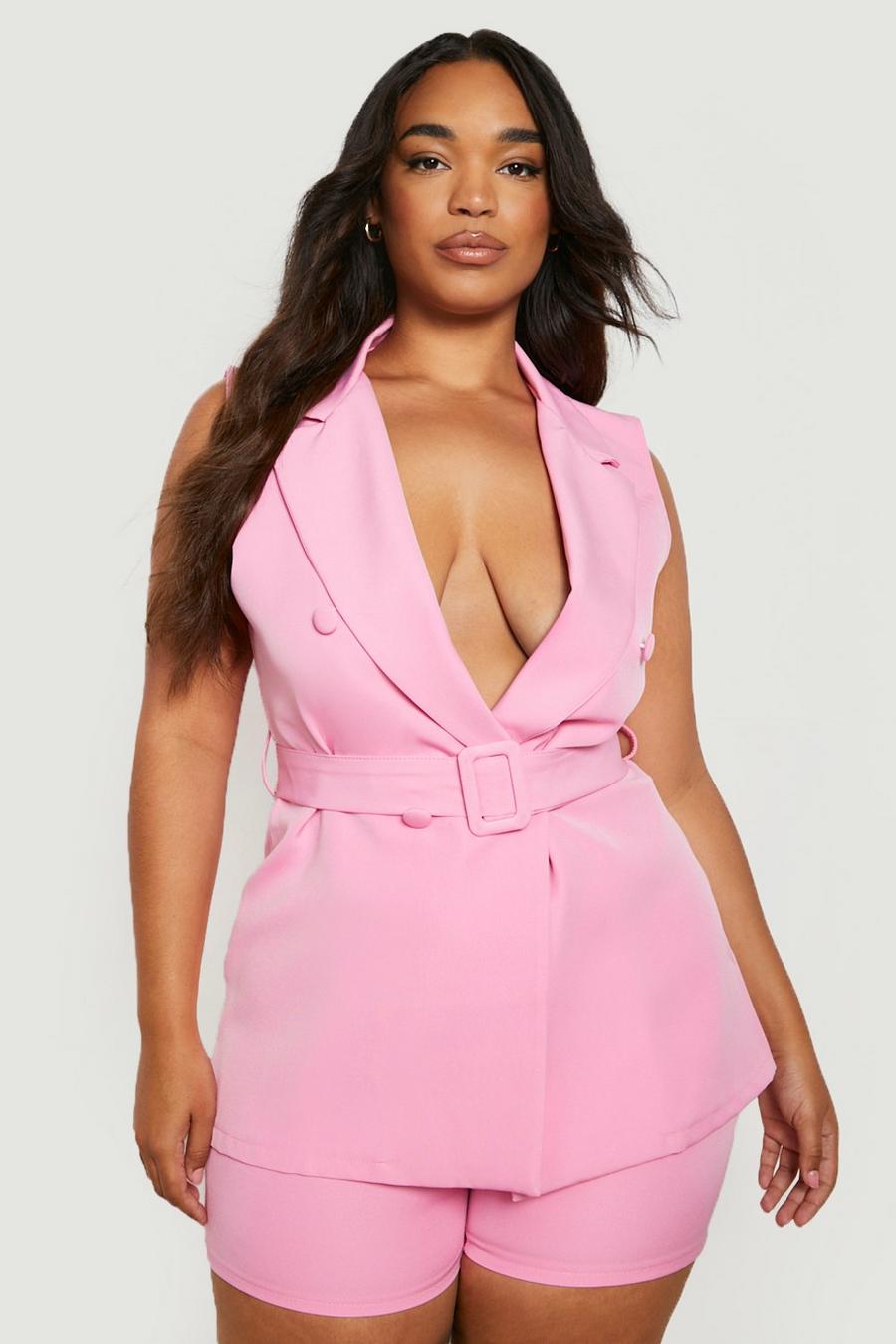 Blazer Plus Size smanicato con colletto e cintura, Baby pink image number 1