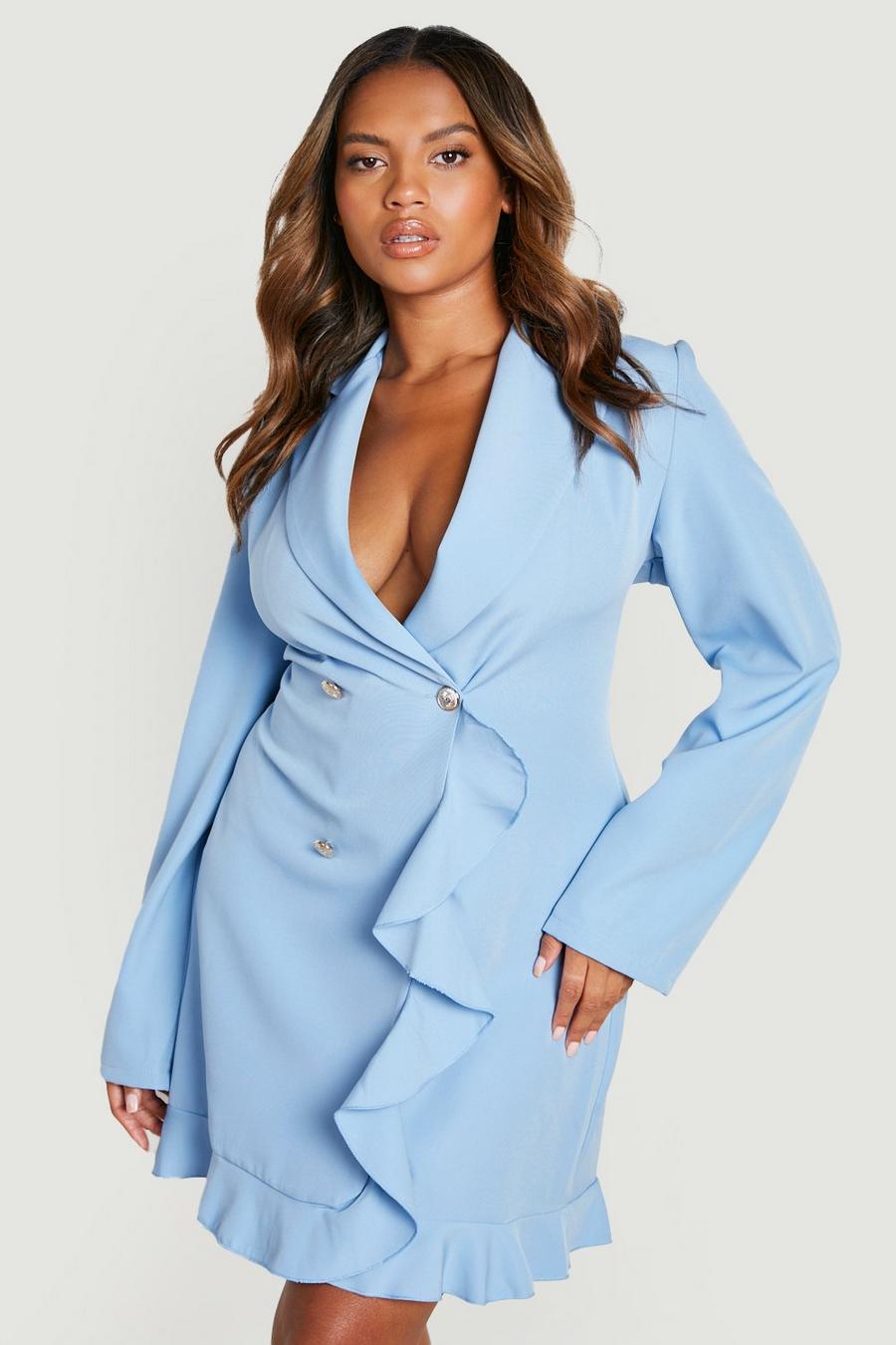 Baby blue Plus Double Breasted Frill Blazer Dress