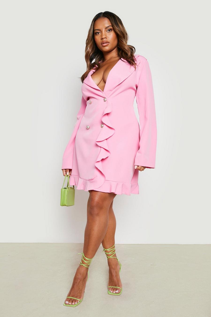 Baby pink Plus Double Breasted Frill Blazer Dress image number 1