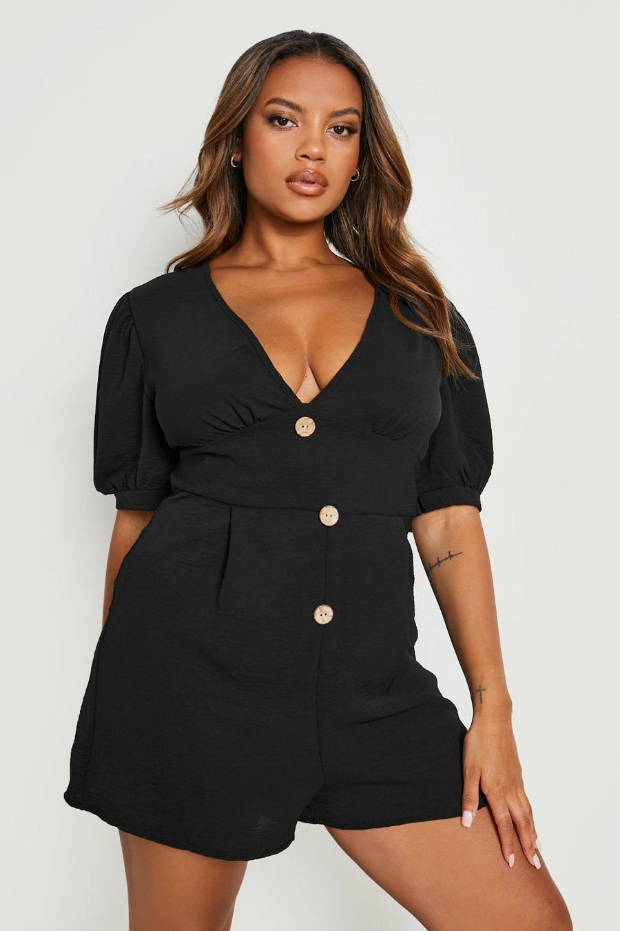 Black Plus Woven Textured Buttoned Playsuit image number 1