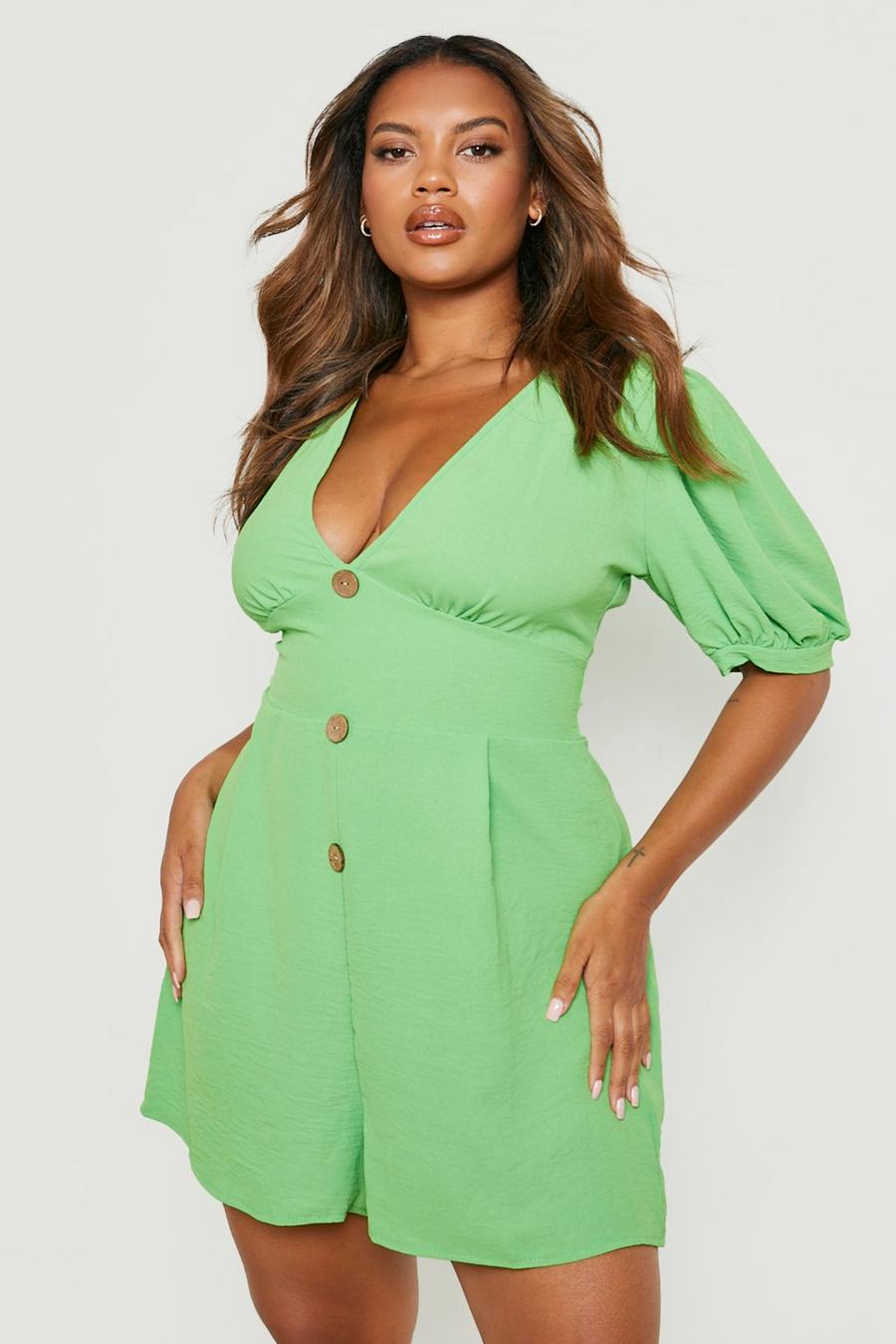 Green Plus Woven Textured Buttoned Playsuit