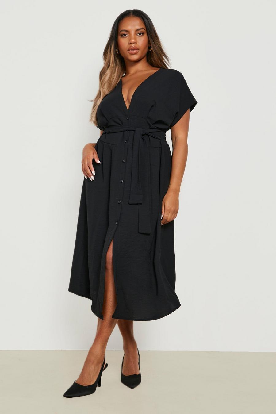 Black Plus Woven Textured Buttoned Midi Dress image number 1
