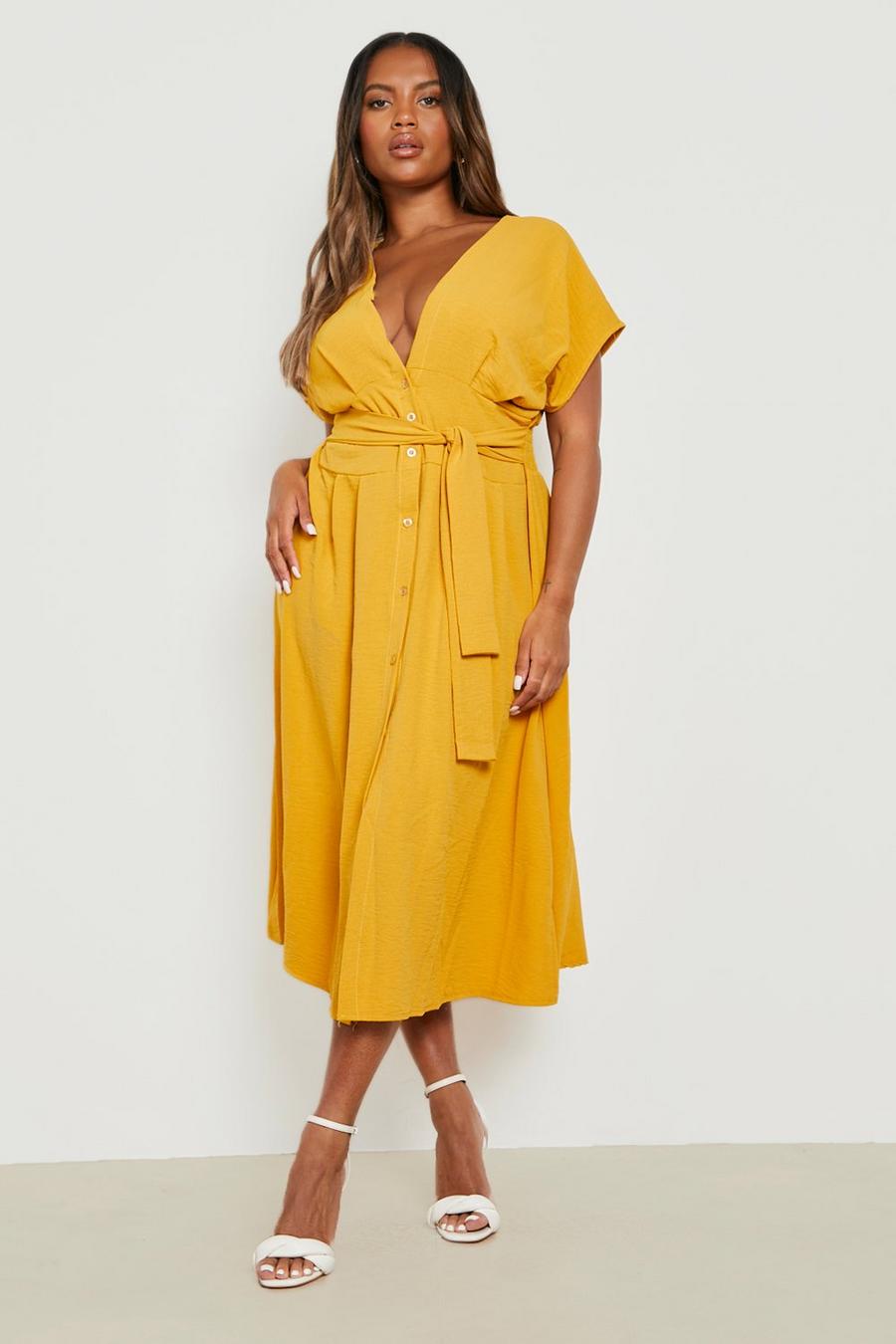 Mustard yellow Plus Woven Textured Buttoned Midi Dress