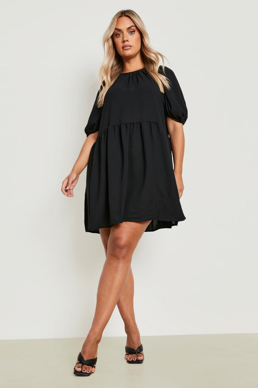 Black Plus Woven Textured Puff Sleeve Smock Dress image number 1