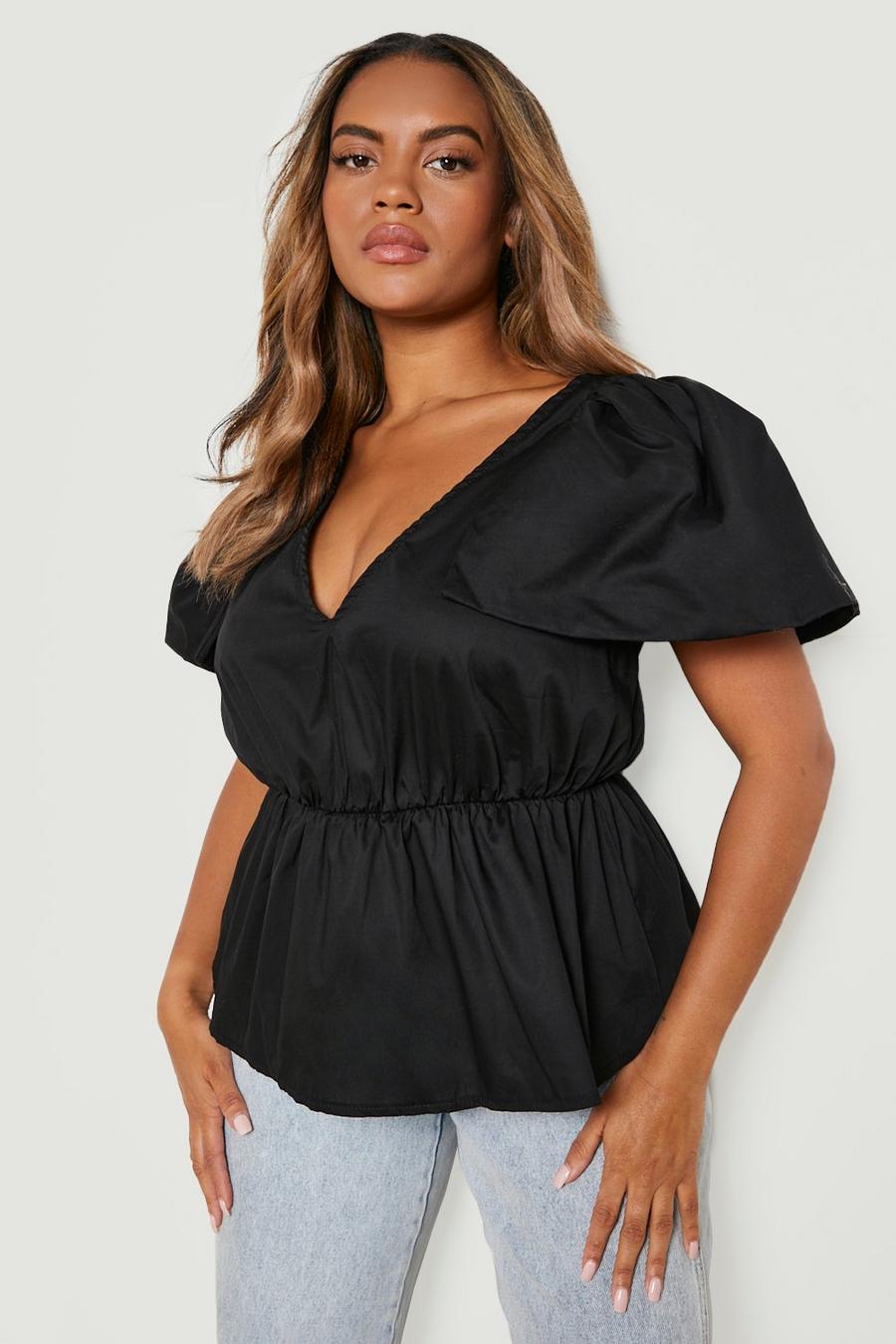 Black Plus Cotton Poplin Extreme Puff Sleeve Top image number 1