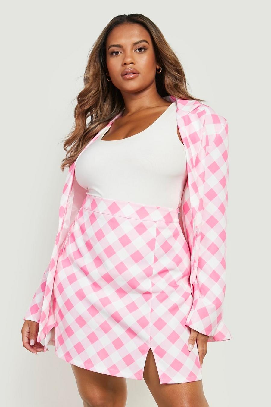 Minifalda Plus con abertura y estampado de cuadros, Pink image number 1