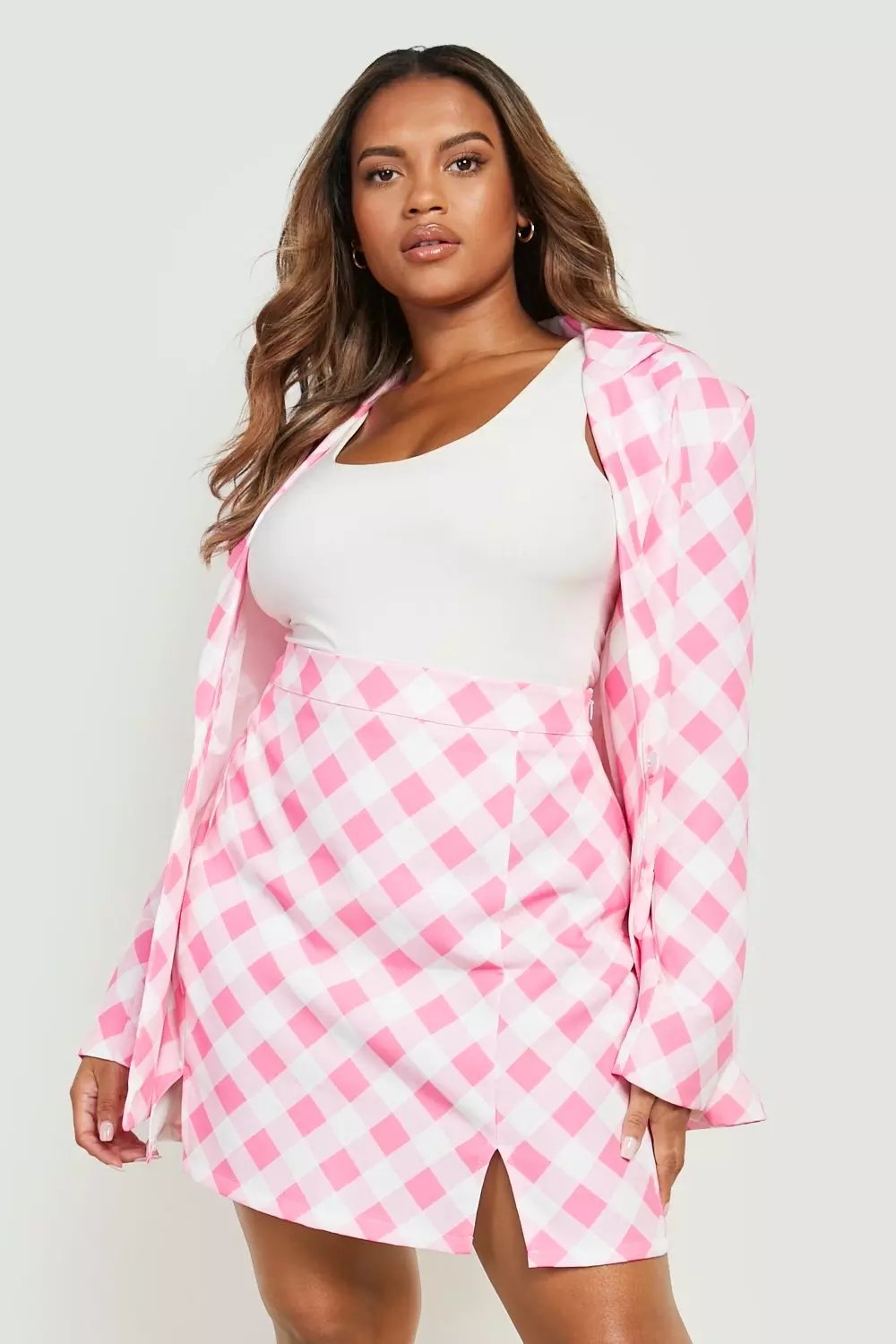 Pink check print mini skirt best sale