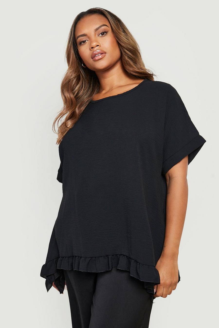 Black negro Plus Woven Textured Frill Oversized Blouse image number 1