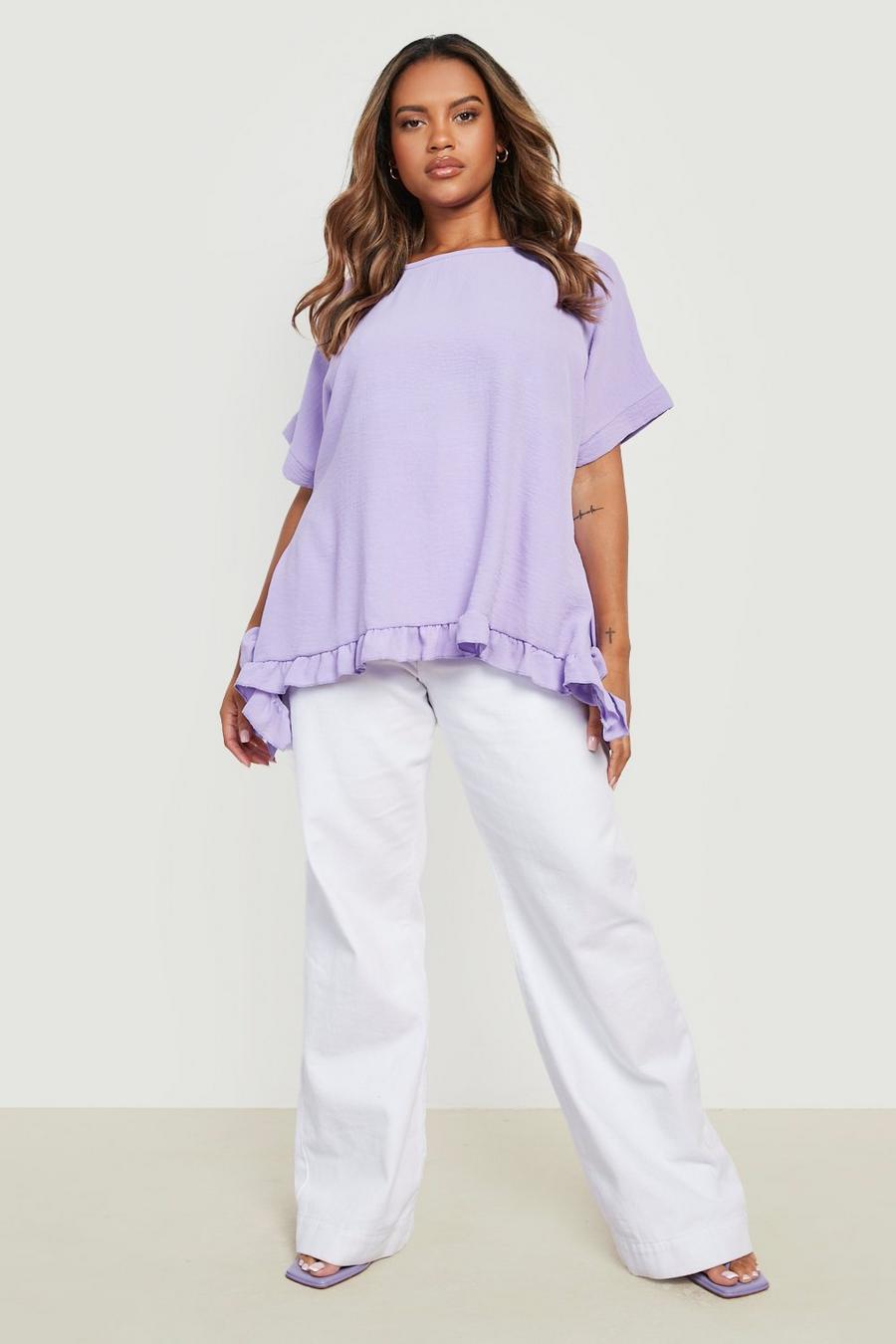 Blusa Plus Size oversize con trama e volant, Lilac morado