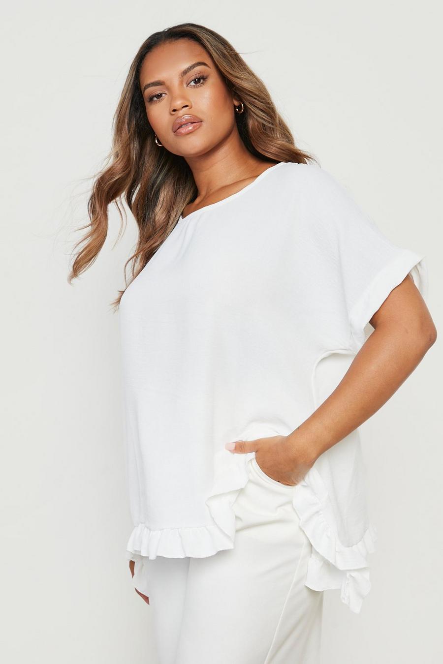 Blusa Plus Size oversize con trama e volant, White blanco