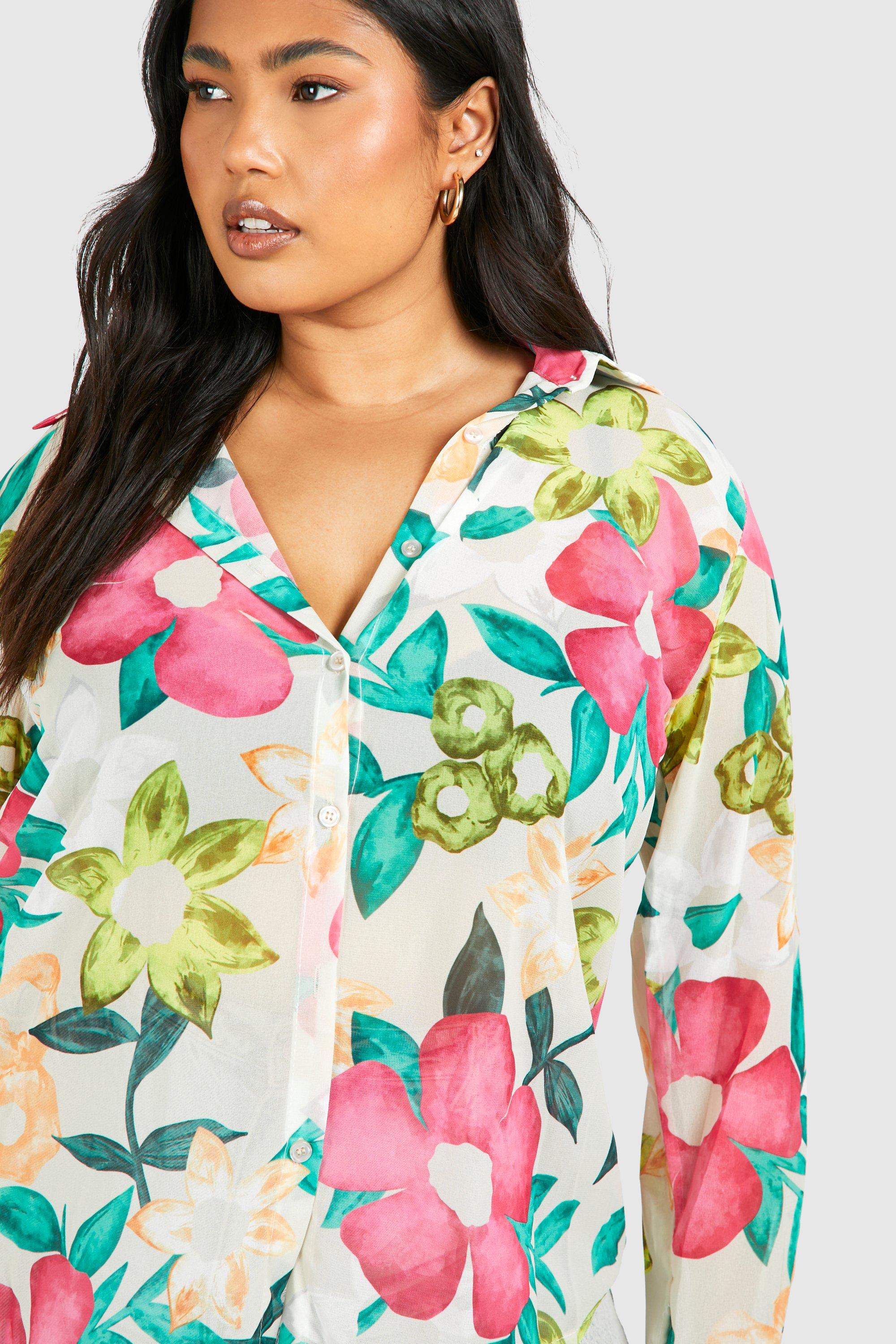 Plus Floral Chiffon Oversized Shirt