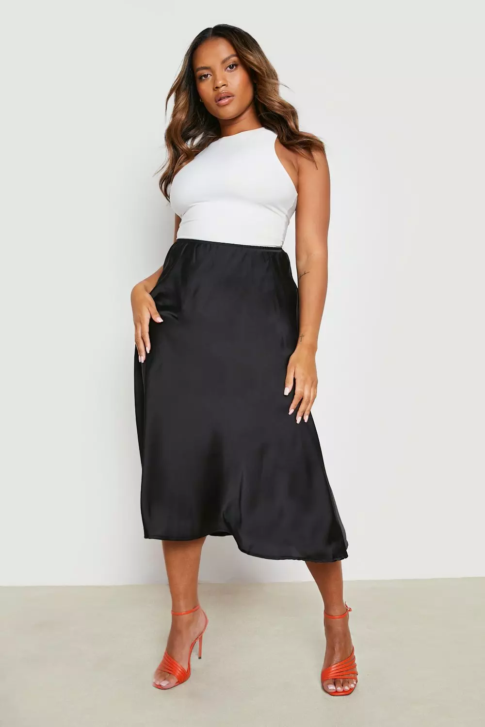 Plus Satin Slip Midi Skirt