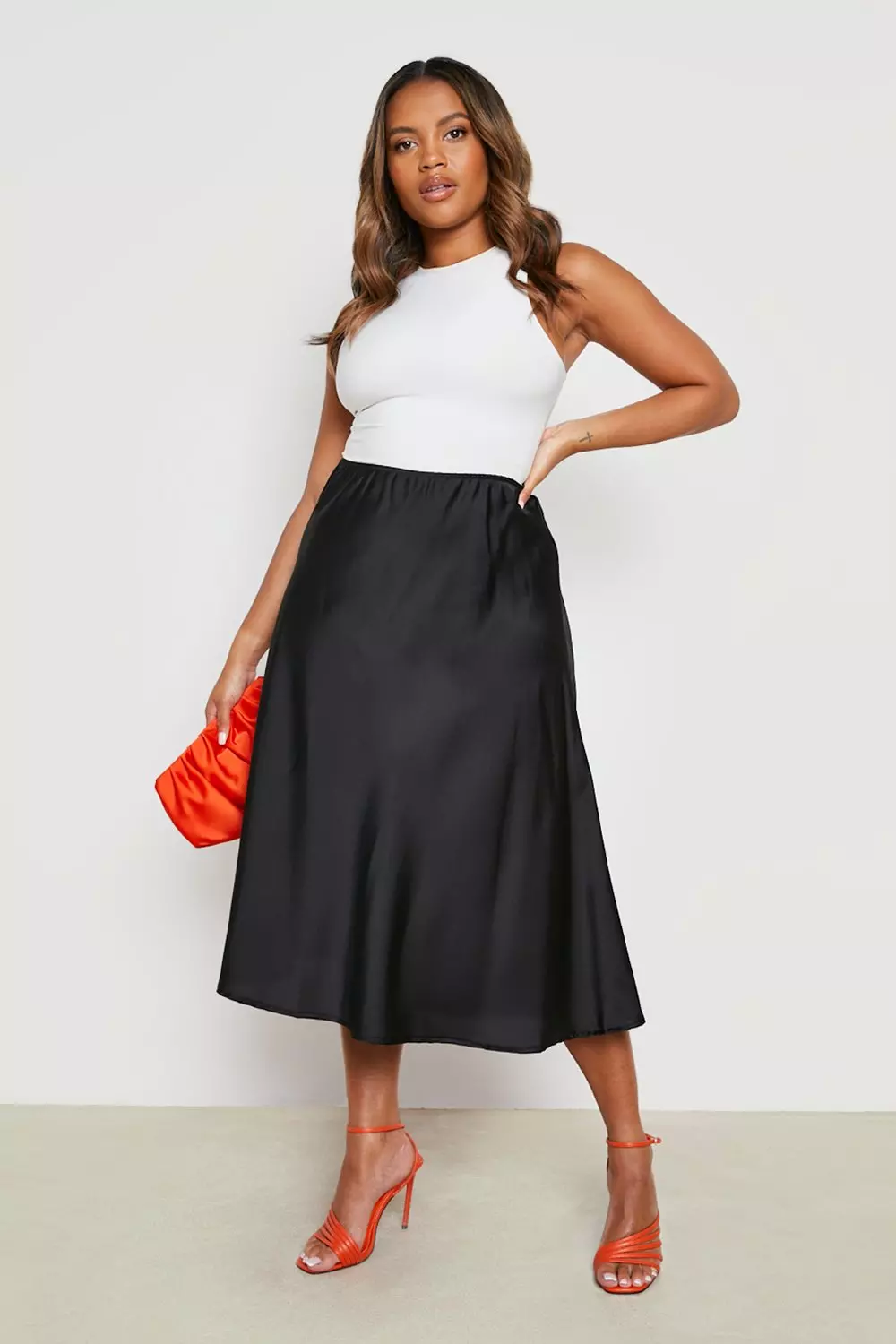 Black satin sale slip midi skirt