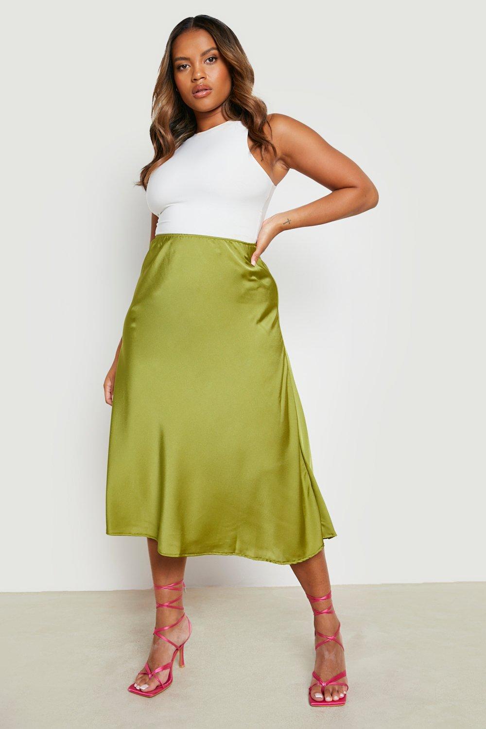 Neon green shop satin midi skirt