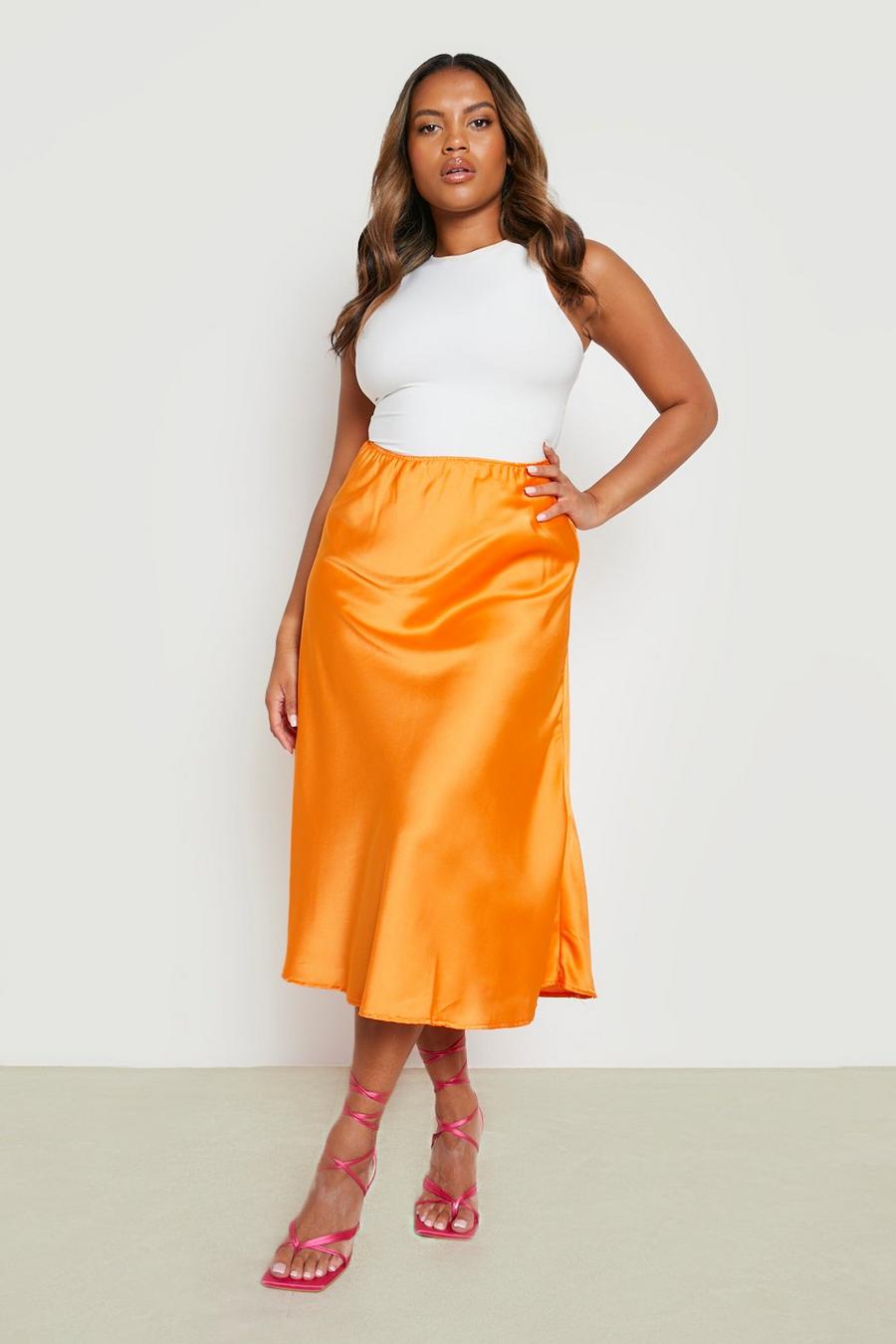 Orange naranja Plus Satin Slip Midi Skirt  image number 1