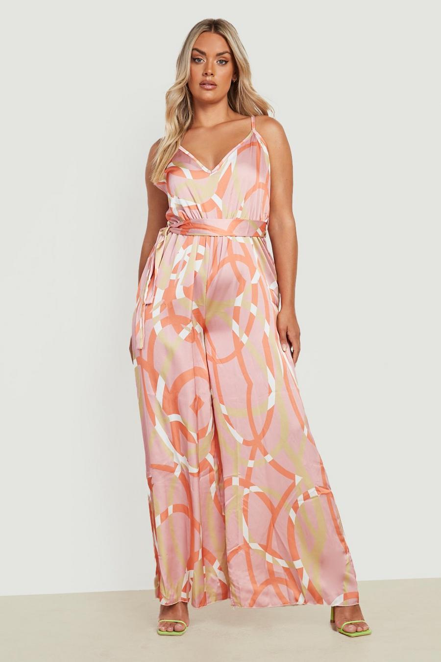 Orange Plus Abstract Print Belted Wide Leg Jumpsuit