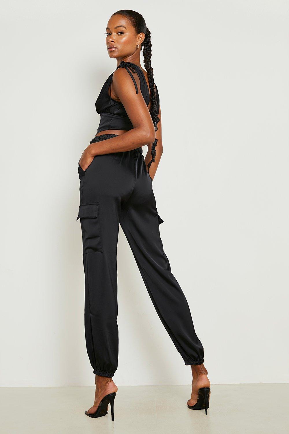 SATIN CARGO TROUSERS, Black